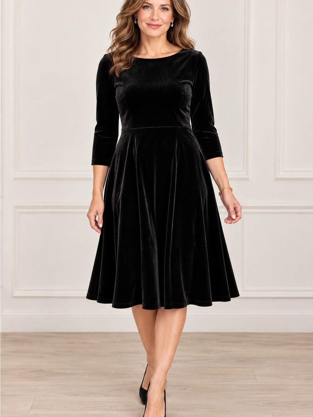 Talbots Black Velvet Velour Fit & Flare Midi Dress Bow Back Size 12 EUC